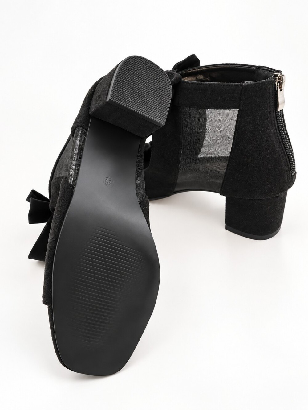 Black Bow Mesh Ankle Bootie Sandals Block Heel Peep Toe | 8.5 - Picture 4 of 7